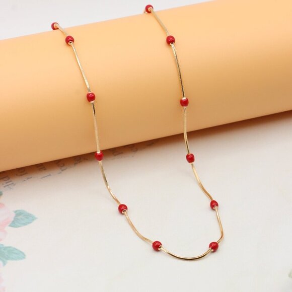 "Delicate Yellow Gold Plated Necklace with Red Beads, XPNL0302 - Picture 1 of 12